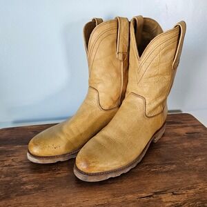 Tecovas Ranch Wear Leather Roper Boots Tan Round Toe Vibram Sole Mens Size 11D
